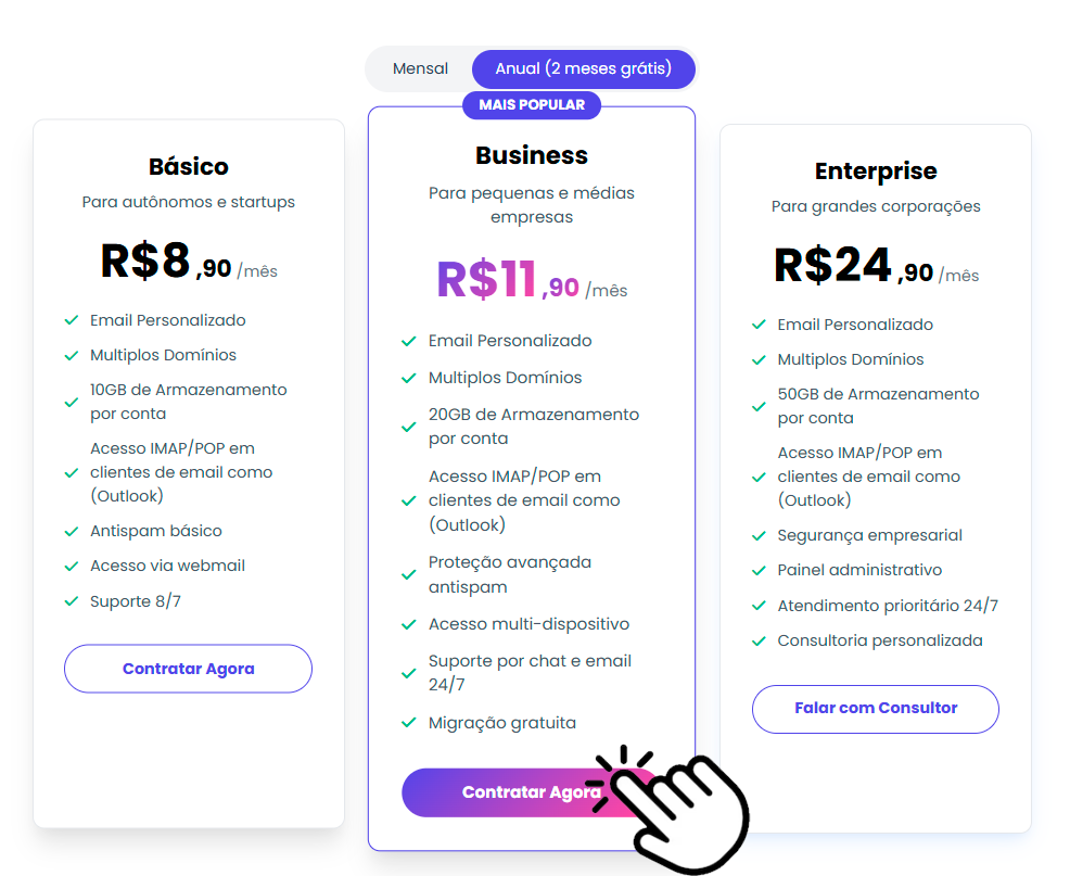 Tela da Vimail para escolher plano de e-mail corporativo: comparação de planos e valores