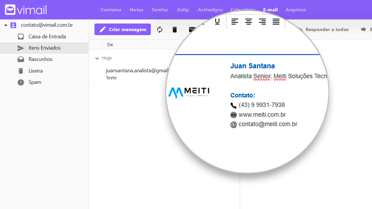 Demonstração do webmail Vimail: interface de e-mail corporativo com leitura de mensagem e assinatura