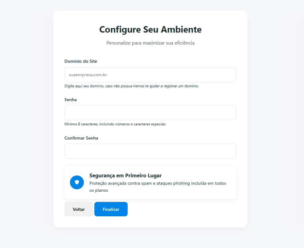 Cadastro Vimail: informar domínio próprio para e-mail corporativo e configuração DNS assistida